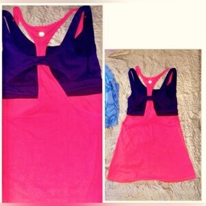 LULULEMON All Sport Tank Top Electrical Coral with layered Deep Navy